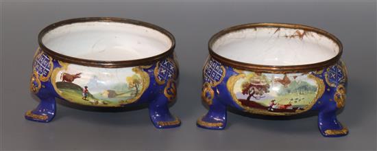A pair of mid 18th century Staffordshire blue enamelled salts